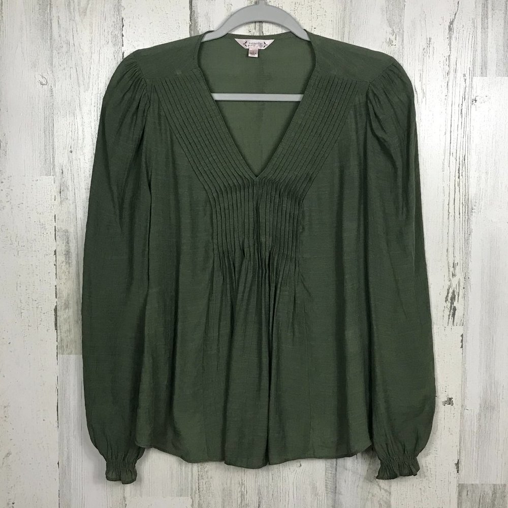 Nanette Nanette Lepore blouse pintuck puff‎ sleeve green size small officewear
